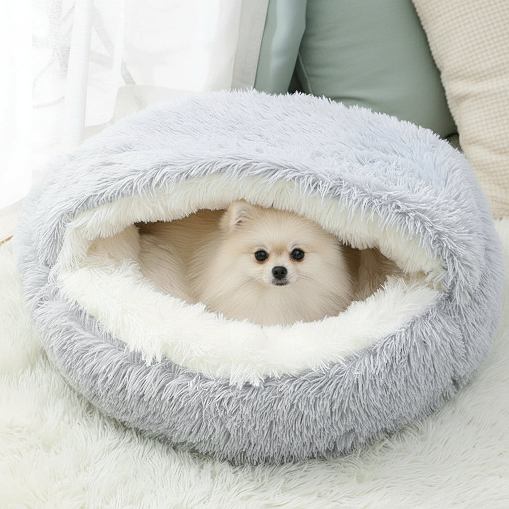 Calming Dog Beds & Cat Cave Bed with Hooded Cover,Removable Washable round Beds for Small Medium Pets,Anti-Slip Faux Fur Fluffy Coved Bed for Improved Sleep,Fits up to 11 Lbs