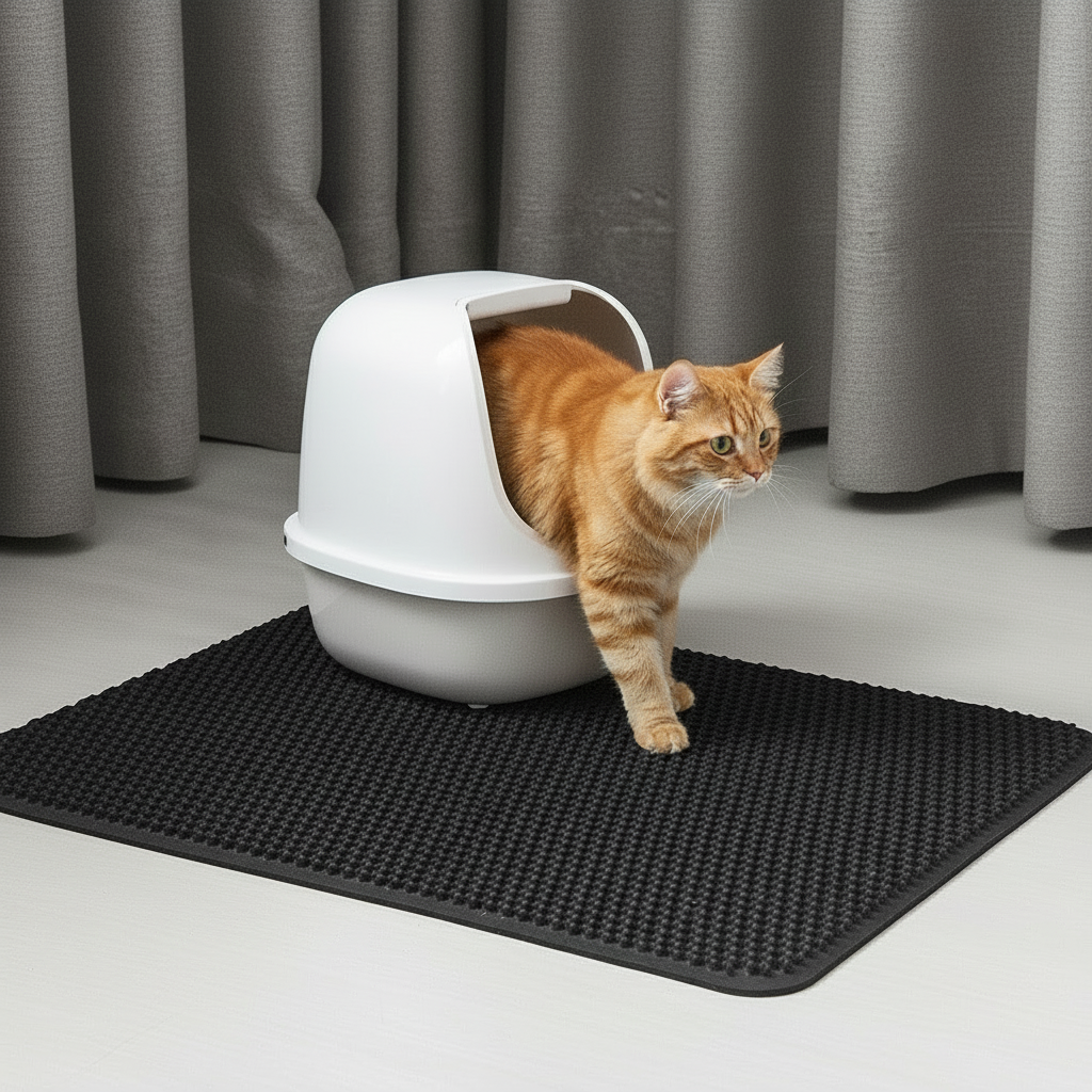 Cat using a covered litter box on a black mat with gray curtains in the background