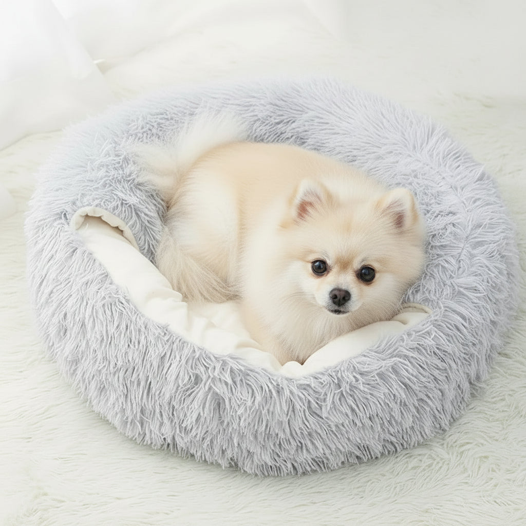 Calming Dog Beds & Cat Cave Bed with Hooded Cover,Removable Washable round Beds for Small Medium Pets,Anti-Slip Faux Fur Fluffy Coved Bed for Improved Sleep,Fits up to 11 Lbs