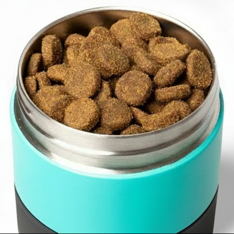 Turquoise container with dog food on a white background