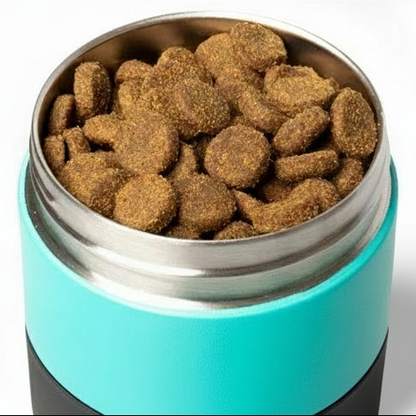Turquoise container with dog food on a white background