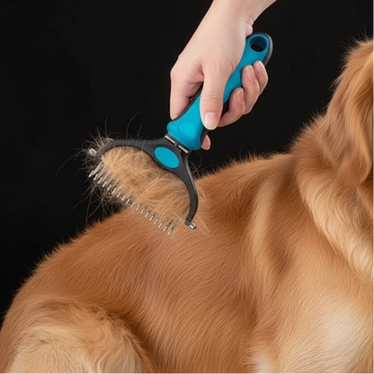 Person grooming a dog with a blue and black grooming tool on a black background