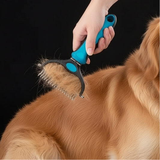 Person grooming a dog with a blue and black grooming tool on a black background
