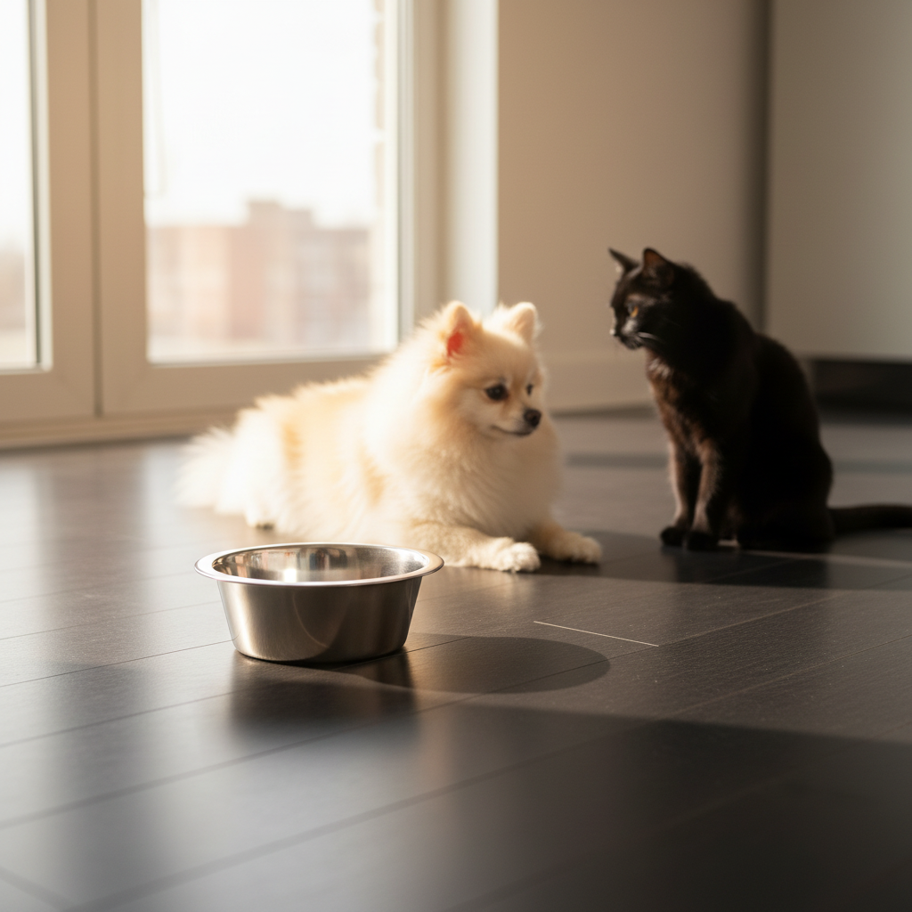 Dog and cat sitting on a wooden floor with a metal bowl between them, near a window.