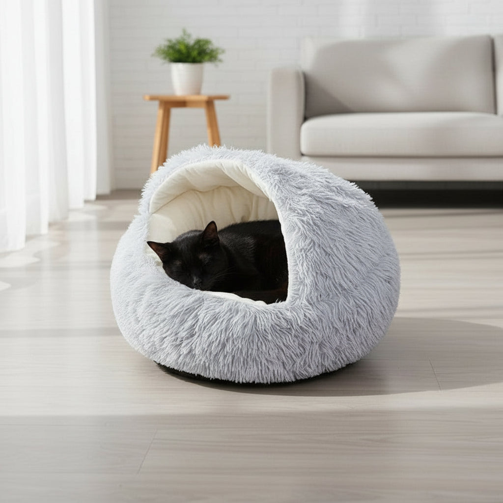 Calming Dog Beds & Cat Cave Bed with Hooded Cover,Removable Washable round Beds for Small Medium Pets,Anti-Slip Faux Fur Fluffy Coved Bed for Improved Sleep,Fits up to 11 Lbs