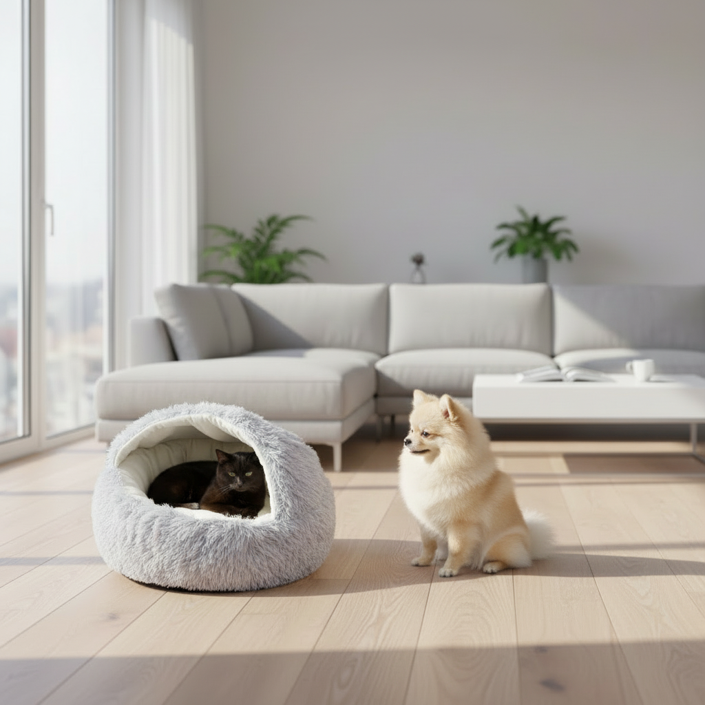White fluffy pet bed in a modern living room with a sectional sofa and large windows.