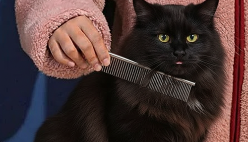Person grooming a cat with a comb, wearing a pink robe.