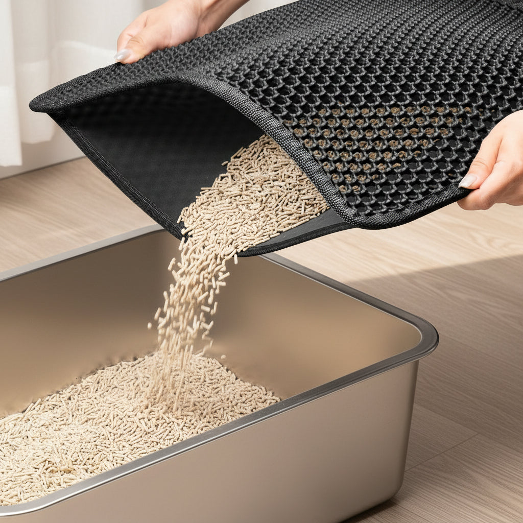 Cat Litter Mat Litter Box Mat, EVA Honeycomb Double Layer Design, Urine & Waterproof, Scatter Control Kitty Litter Mat, Less Waste, Easier to Clean,Washable, Black