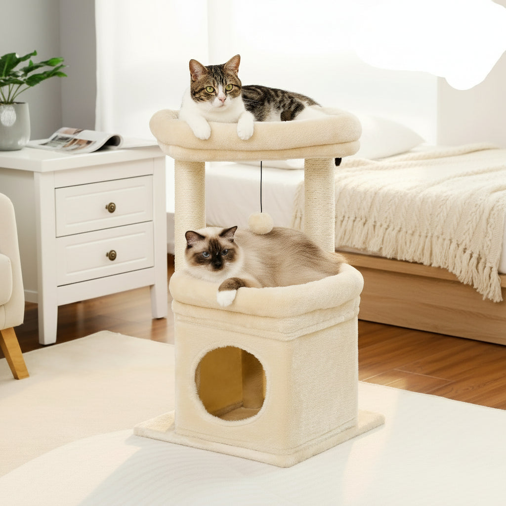 27" Cat Tree for Medium Cats Plush Condo and Scratching Posts, Beige