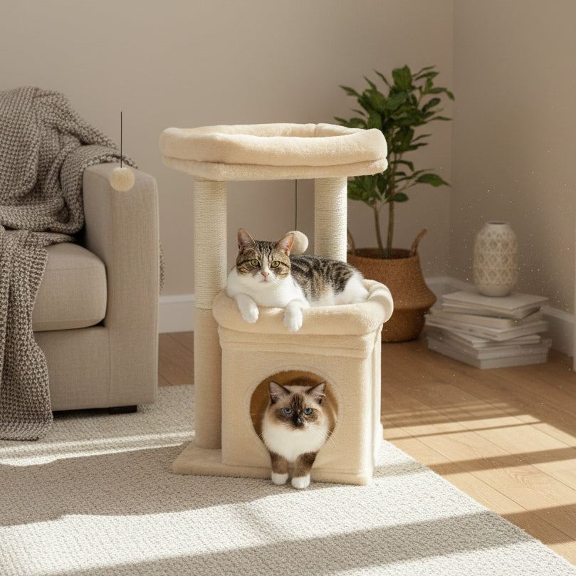27" Cat Tree for Medium Cats Plush Condo and Scratching Posts, Beige