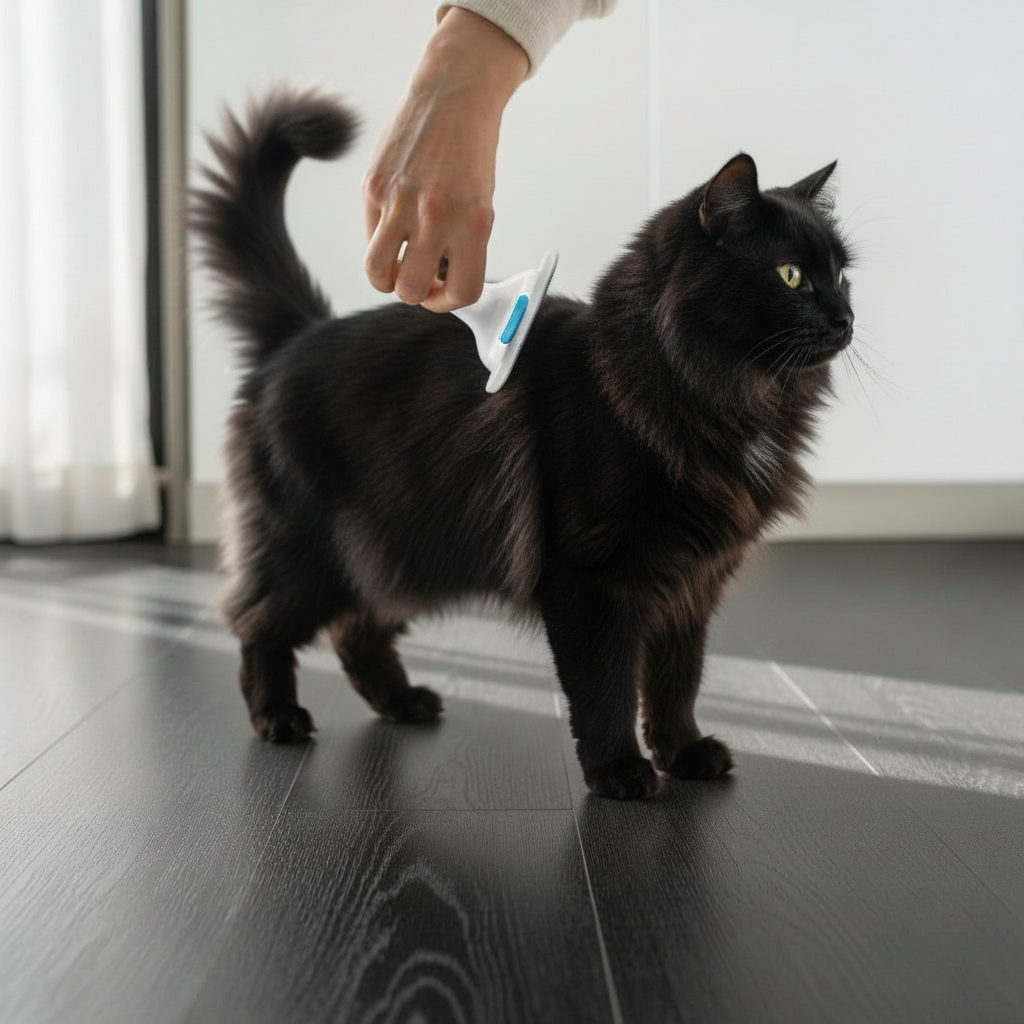 Small black cat standing on a dark wooden floor with a person's hand holding a device.